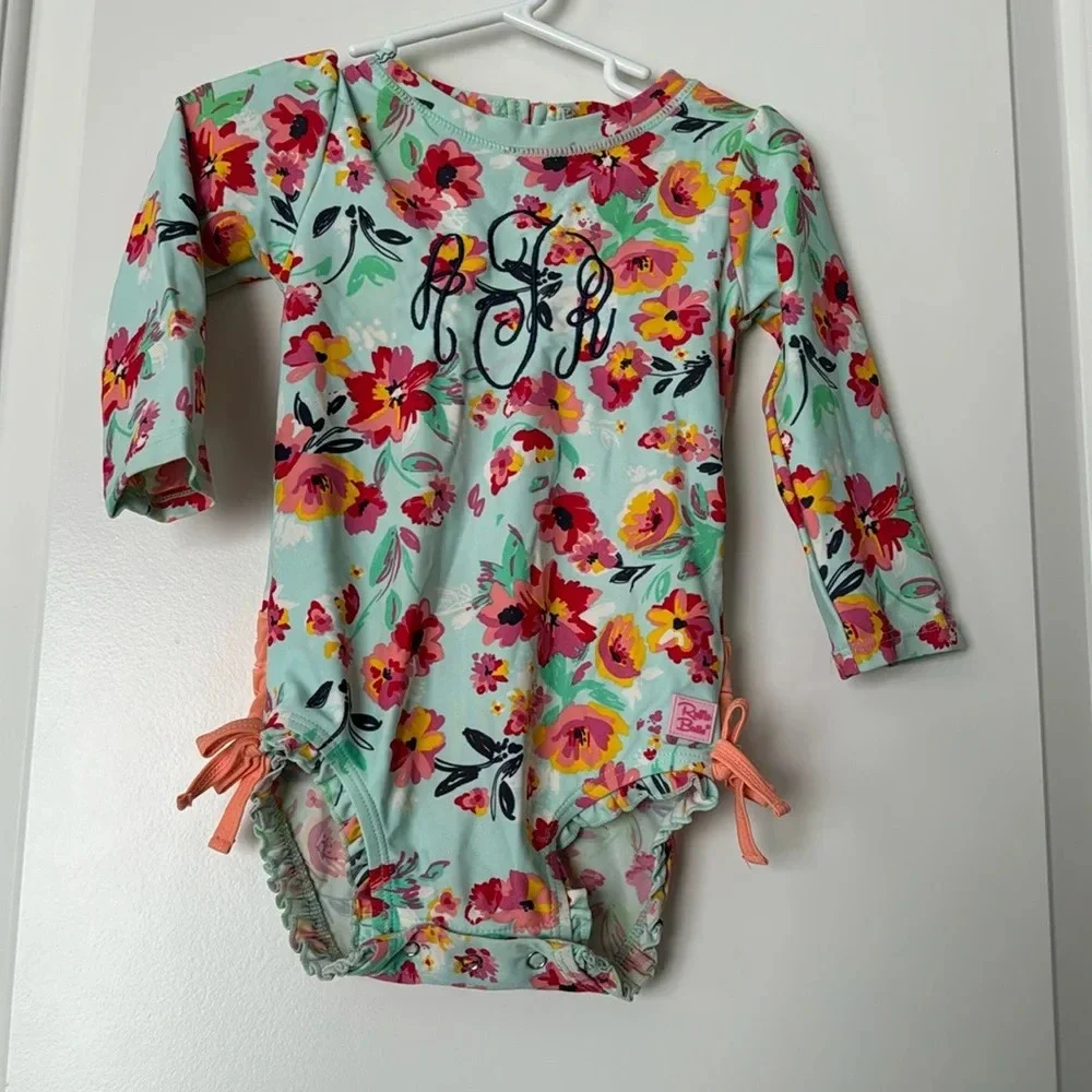 Ruffle Butts Floral Rashguard Swimsuit Size 12-24 Months w Monogram ATR